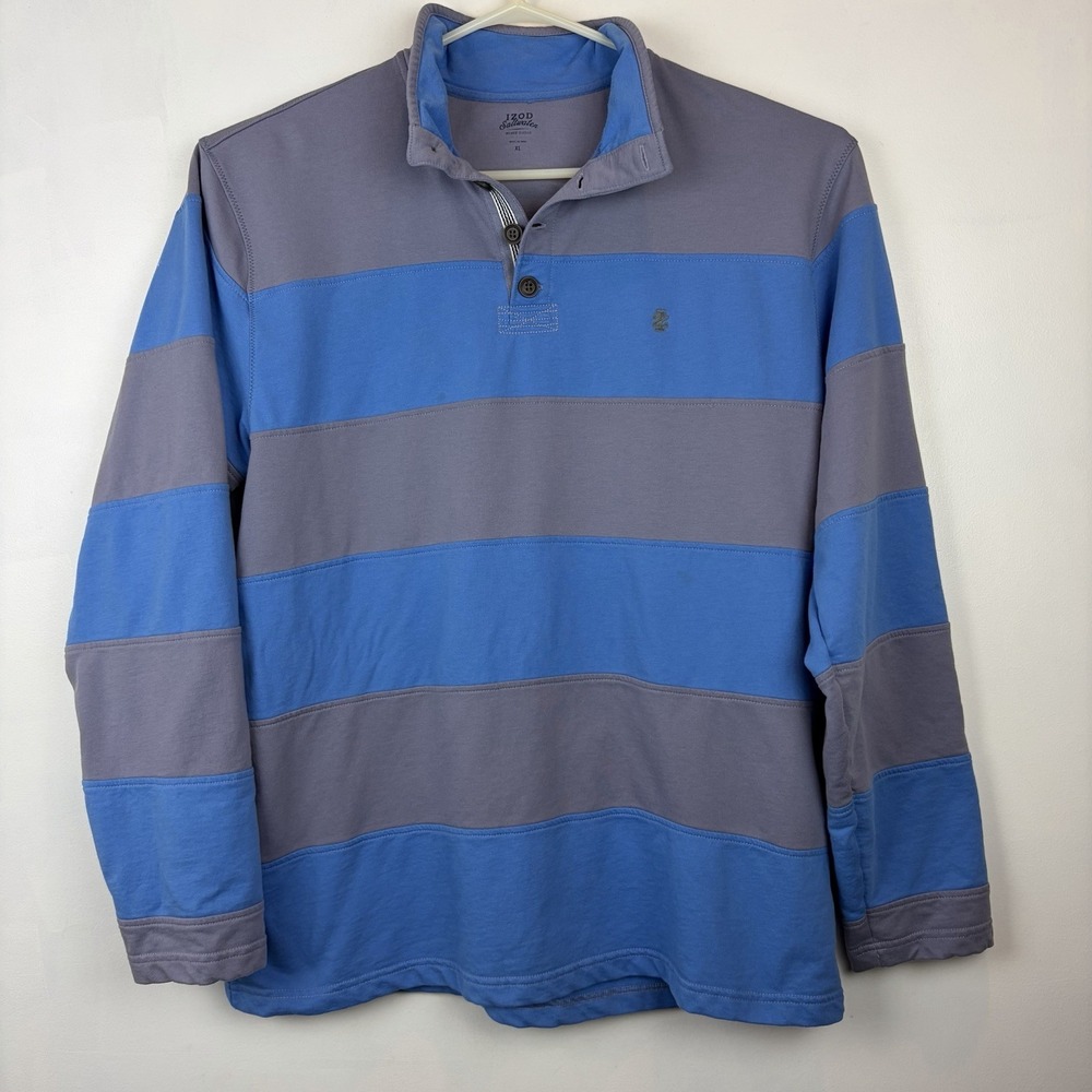 Izod Saltwater Rugby Shirt mens XL Long Sleeve Nautical Blue Grey Stripe Preppy